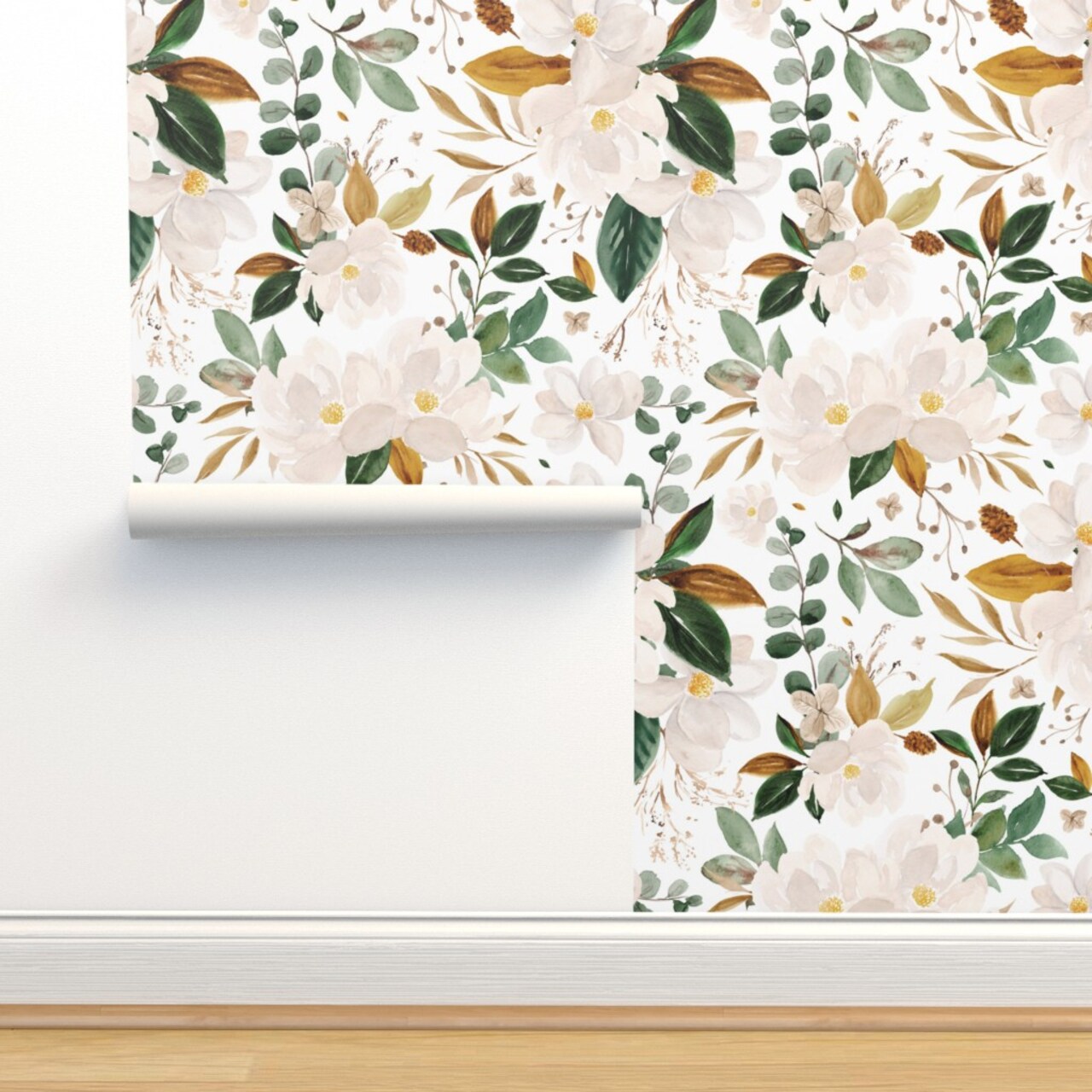 Romantic Magnolia Oversized Flowers Watercolor Modern Feminine Cream Green Bronze Custom Removable Wallpaper by Spoonflower Peel & Stick Wallpaper 2FT Wide